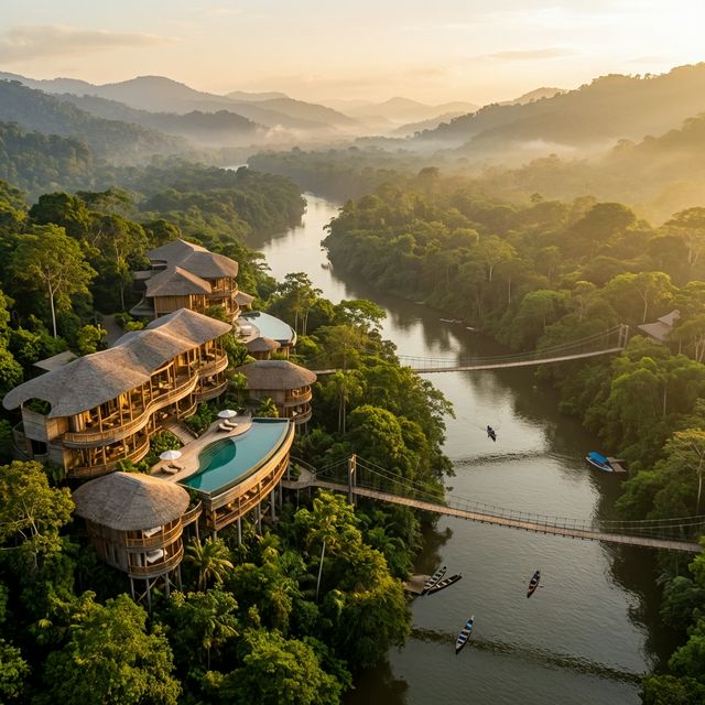 Vista aérea del Hotel El Bosque en la selva amazónica